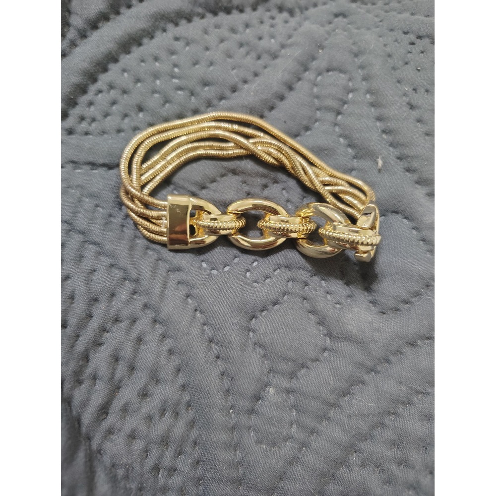 Gold Tone Multi Strand Snake Chain Bracelet Textured Link Fold Over Clasp 7.5in